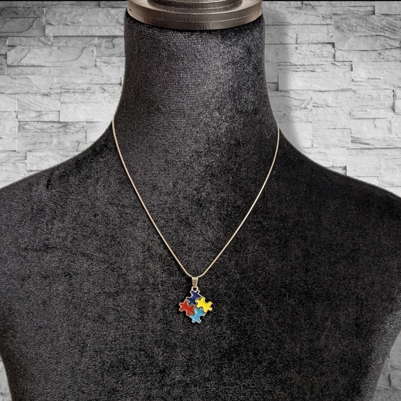 Autism Puzzle Piece Charm Necklace! Autism Awareness Pretty Silver Chain - Picture 11 of 12
